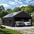 HOMSHADE 20x20FT Metal Carport with Removable Sidewalls & Windows, Heavy-Duty Enclosed Car Port Canopy with Galvanized Frame and Roof, Outdoor Garage Shelter for 2 Cars, Truck, Boat, Tractor, Tools