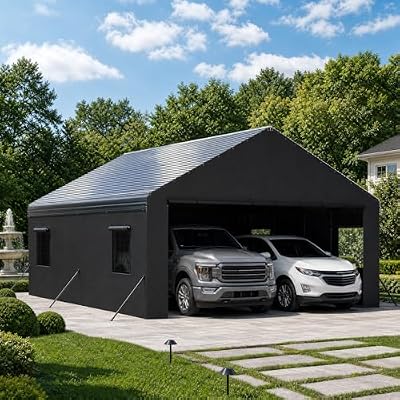 HOMSHADE 20x20FT Metal Carport with Removable Sidewalls & Windows, Heavy-Duty Enclosed Car Port Canopy with Galvanized Frame and Roof, Outdoor Garage Shelter for 2 Cars, Truck, Boat, Tractor, Tools