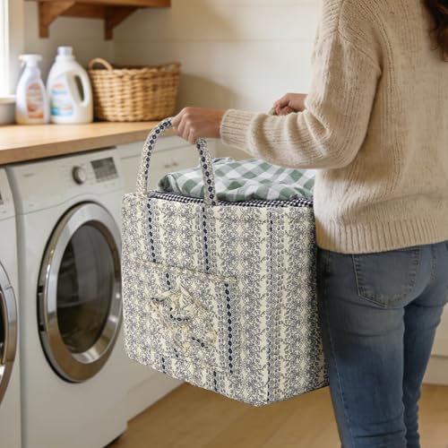 Image of Quilted Fabric Basket Foldable Car Storage Boho Floral Laundry Basket Hamper for Nursery Bedroom & Living Room | Organize Clothes Toys