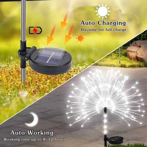 NMM Luces Solares de Fuegos Artificiales, 2 Pack 120 LED Impermeable al Aire Libre 2 Modos de Iluminación Solar de Jardín Para el Césped, Patio, Decoración (Blanco) - imagen 4