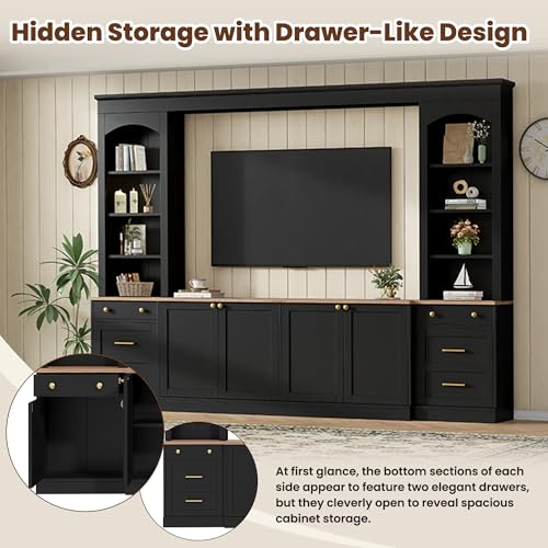 Image of 106.3 inchL Large Entertainment Center with Bookshelves and Drawers for TVs Up to 70'', Wall Unit Entertainment Center with Adjustable Shelves and Cabinet, Minimalist TV Stands for Living Room Black
