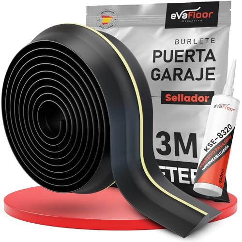 EVAFLOOR® Burlete Puerta Garaje 3M | Evita Agua, Polvo y Frío - Instalación Sencilla | Goma Puerta Garaje | Incluye Silicona para EDPM (3 m)