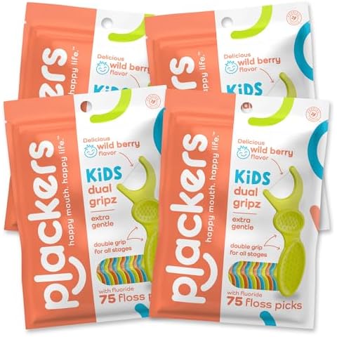 Plackers Kids Dual Gripz Floss Picks with Double Grip handle, Wild Berry Flavor, Colorful Floss Picks for Kids of All Ages, 75 Count (Pack of 4) Cover