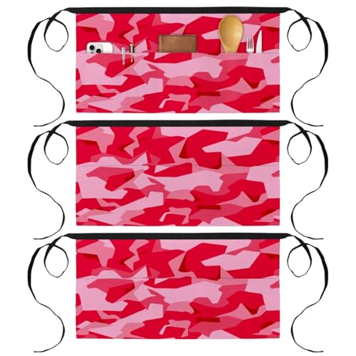 Tablier court de chef lot de 3 avec 3 poches pour cuisine bistrot bar motif camouflage rose