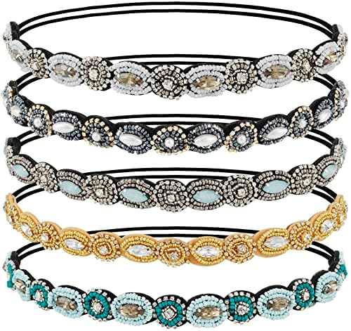 AMCAMI 5Pcs Beaded Headband Rhinestone Headbands for Women Elastic Headband Women Headbands Handmade Crystal Beaded Hairbands for Girls Vintage Hair Accessories Party Daily Headwear