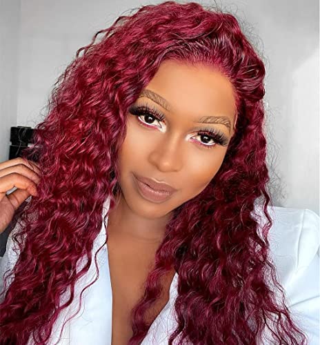 Giannay Red Curly Lace Front Wigs Burgundy Lace Wig Dark Red Long Deep Wave Synthetic Lace Front Wig With Baby Hair Pre-Plucked Hairline Red Wigs For Black Women (26" Red Curly Lace Wigs) #TOP3