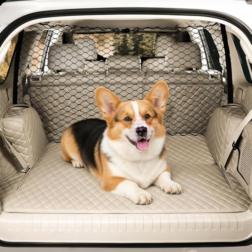 Bamyli Dog Guard for Car Boot 120x70cm Universal Pet Cargo Net with 4 Hooks and Adjustable Straps Car Divider for Dogs Back Seat Barrier Net for SUVs Trucks Estates Heavy Duty Travel Mesh Net