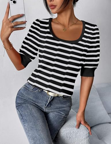 Image of HOTOUCH Sweater for Women 2026 Fall Trendy Puff Tops Casual Eyelet Knit Square Neck Tunic Shirt Blouses Black White Stripe XXL