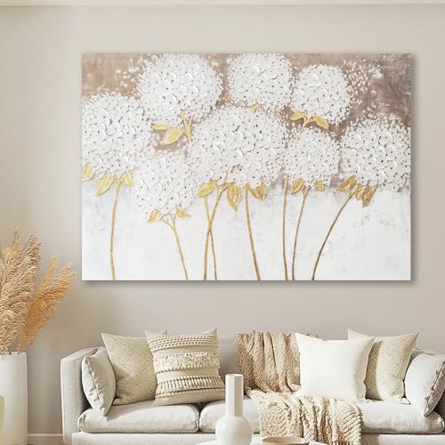 JolyWell Large hand painted wall art White Hydrangea Canvas Wall