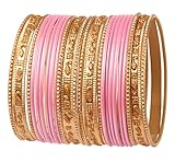 Touchstone New Indian Bollywood Colorful 2 Dozen Bangle Collection Golden Glitters Textured Pink Color Large Size Designer Jewelry Special Bangle Bracelets Set of 24 in Gold Tone for Women.