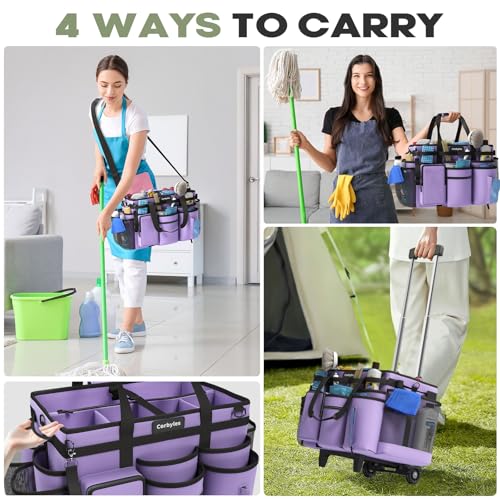 Image of Rolling Cleaning Caddy Bag with Detachable Trolley, Cleaning Supplies Organizer Cart on Wheels, Cleaning Supply Caddy for Housekeepers (Purple, 11.5 inch Dx15.7 Wx13 H)
