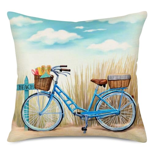 Asminifor Beach Decorative Throw Pillow Covers Blue Bicycle on Beach Rustic Farmhouse Pillow Covers Cotton Linen Coastal Outdoor Decor Cushion Cover for Sofa Bedroom 18x18 inch Pillowcase (Bike10)