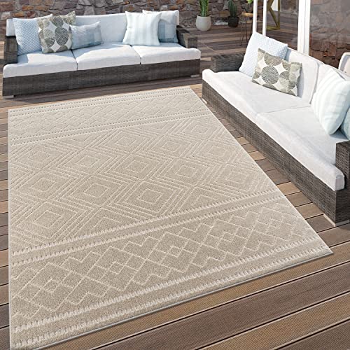 Paco Home Outdoor Teppich Wetterfest Wohnzimmer Balkon Küchenteppich Boho Style Moderne 3D Optik Skandinavisch Geometrisch Beige, Grösse:60x100 cm