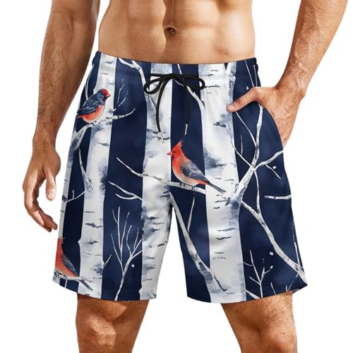 Birch Forests Cardinal Birds Beach Shorts for Men Swim Trunks Quick Dry Swim Shorts with Compression Liner Pocket