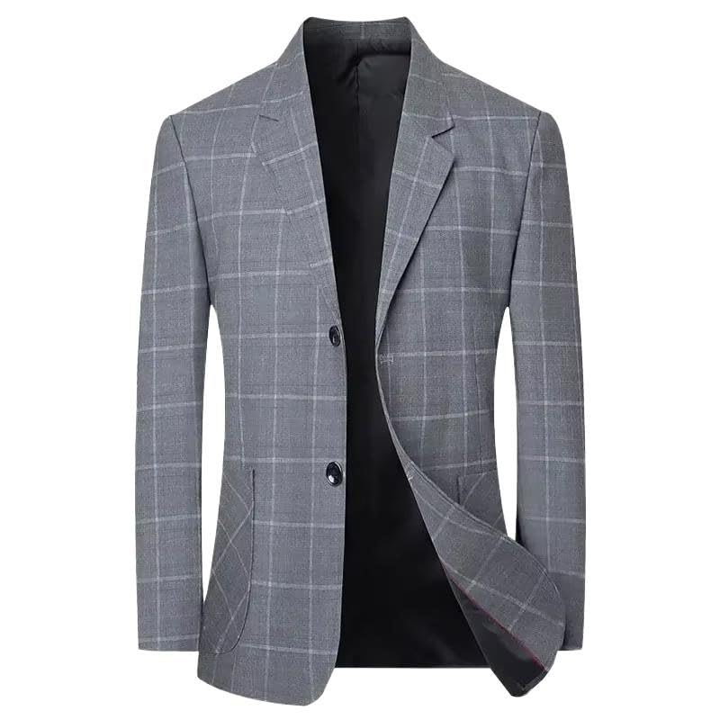 Men's Spring Blue01 Checkered Lightweight Suit Business Casual Slim Blazer for Men-Gray