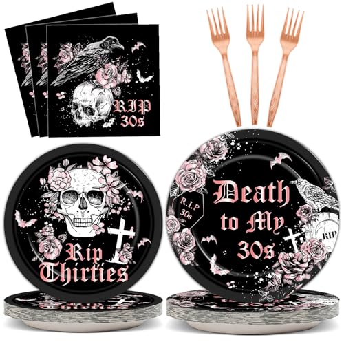 Image of Qyeahkj 100 Pcs 40th Birthday Party Supplies Death to My 30s Paper Plates and Napkins Set Black Rose Gold Rip to My 30s Disposable Tableware Decorations for Women Thirties Funeral Youth Serve 25 Guest