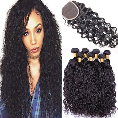 Lemoda 10A Malaysian Water Wave Hair 3 Bundles with 1pcs Free Part Closure Unprocessed Virgin Hair Weave with Closure 4x4 Lace Top Closure(16 18 20 with 14)