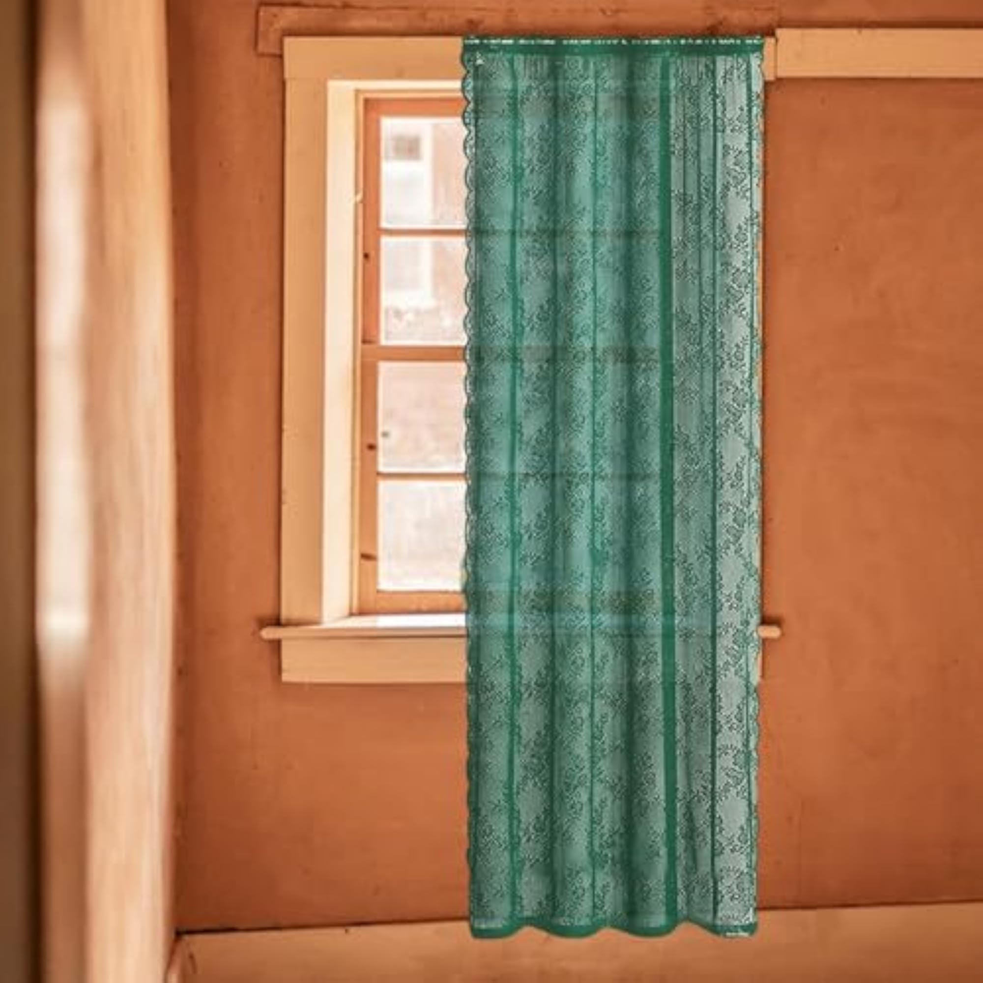 Lace Curtain with Floral Embroidery Window Drapes, Green