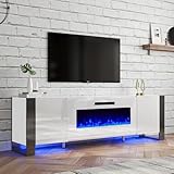 LUXOAK U-Shaped Legs 70' Fireplace TV Stand, Mirrored Finish Media Console with 36' Electric Fireplace, Modern LED Lights Storage Entertainment Center for TVs Up to 80', All White