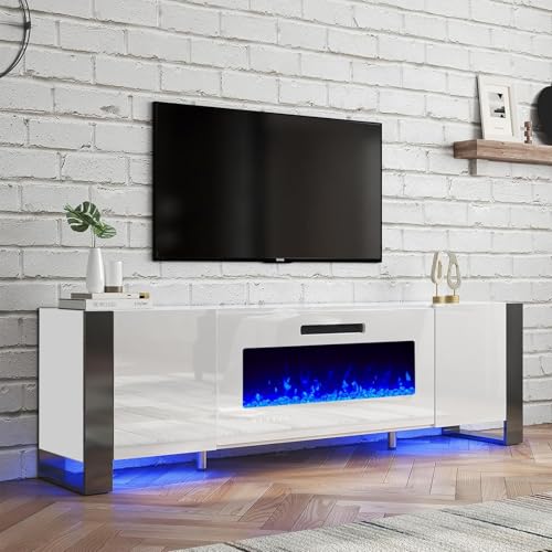 LUXOAK U-Shaped Legs 70" Fireplace TV Stand, Mirrored Finish Media Console with 36" Electric Fireplace, Modern LED Lights Storage Entertainment Center for TVs Up to 80", All White