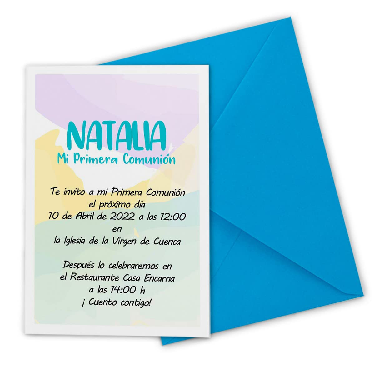 Invitaciones ACUARELA comunión personalizadas. PACK INCLUYE SOBRES (Set 12 unidades o más) 10x15cm Niño o niña. Elige color de diseño y del sobre. Tarjetas de invitación Primera Comunión