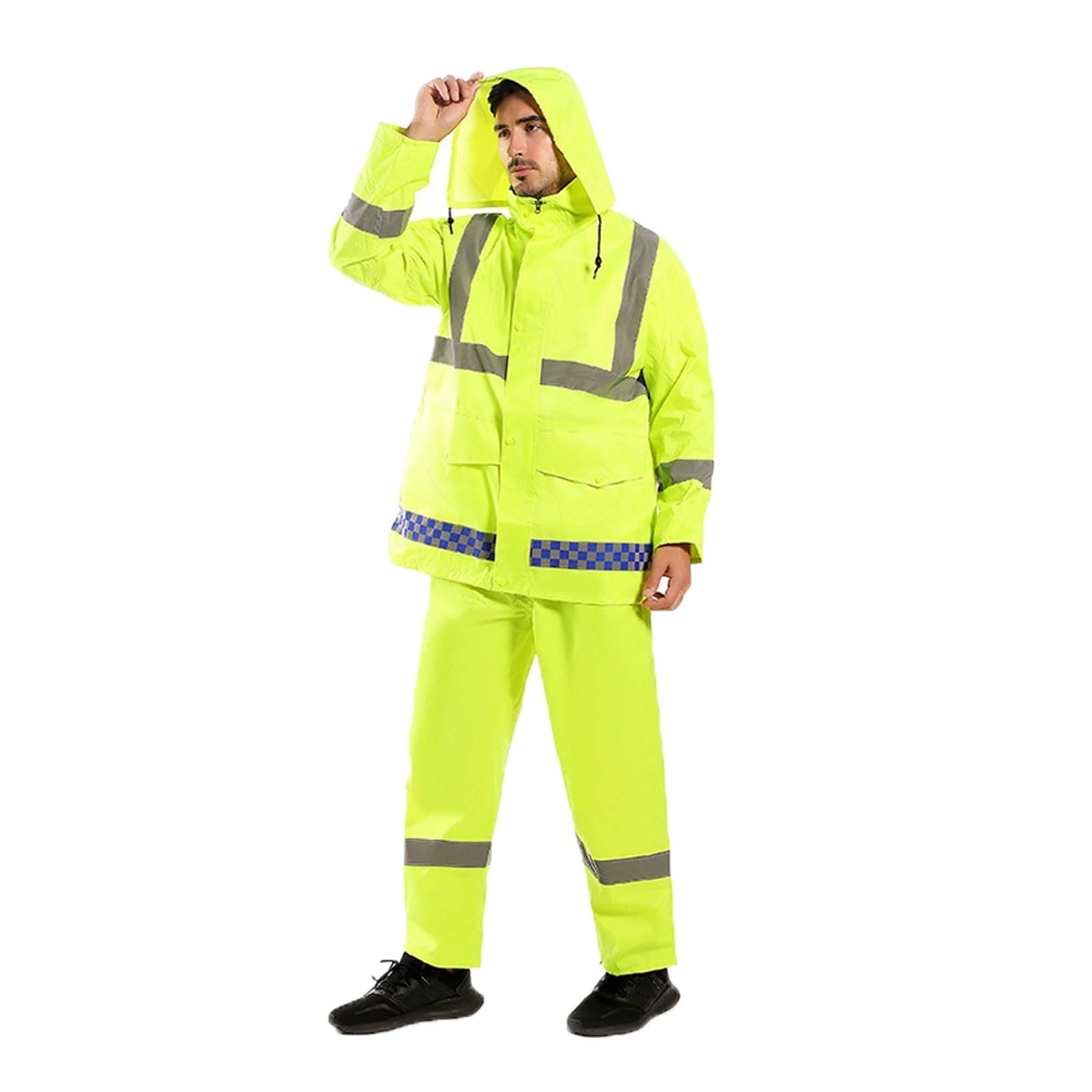Traje de lluvia reflectante verde for hombre, conjunto chaqueta y pantalón motociclista doble capa, impermeable dividido for adultos