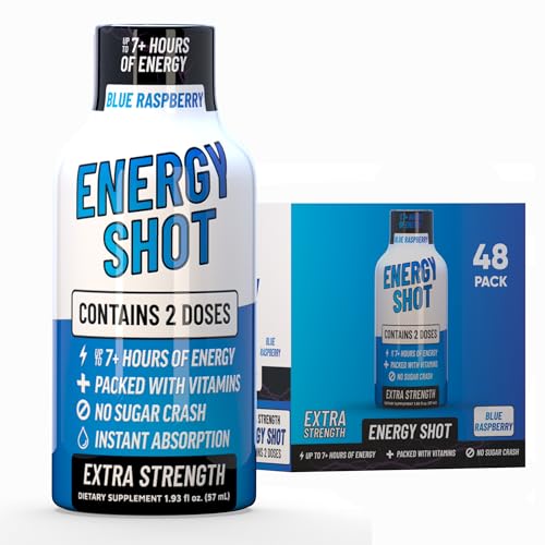 Image of Blue Raspberry Extra Strength Energy Shot 48 pk - 260mg Natural Caffeine B12 B6 - Energy & Focus Support - 2 Servings Sugar Free Zero Calorie Green Tea B-Vitamins Electrolytes Vegan - 1.93 fl oz