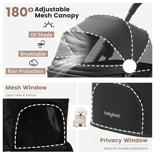 Image of Babyboat Portable Dog Stroller for Small Dogs Cats Up to 35 Lbs - Black | One Hand Folding Compact Travel Pet Stroller with Convertible Canopy, Storage Basket, Cup Holder
