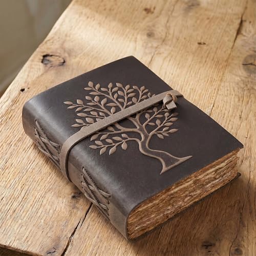 LEATHER VILLAGE Tree Of Life Diary Tree Deckle, Slate Grey 10x7.