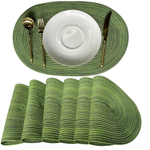 WAZAIGUR Oval Placemats Set of 6, Woven Braided, 18 x 12 Inch, Hunter Green