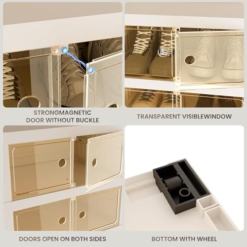 Image of Foldable Shoe Organizer Storage Box Set of 6, Portable Extra Large Folding Shoe Rack for Closet, Shoe Storage Box with Magnetic Transparent Door and Wheels, 9 Layers 18 Grids with 2 Big Grids