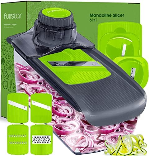 Fullstar 6-in-1 Mandoline Slicer For Kitchen, Cheese Grater, Vegetable Spiralizer and Veggie Slicer for Cooking & Meal Prep (Kitchen Gadgets Organizer & Safety Glove Included), Gray/Green