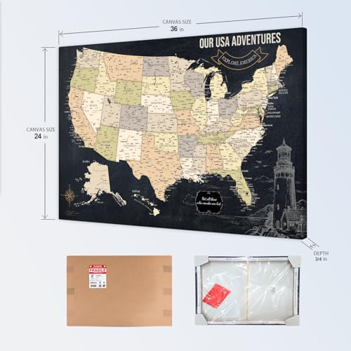 Image of IPIC - Vintage USA Travel Map, Pin Board Canvas Wall Art, Travel Map with Pins Included, Ready to Hang for Home or Office, 36x24 Inch