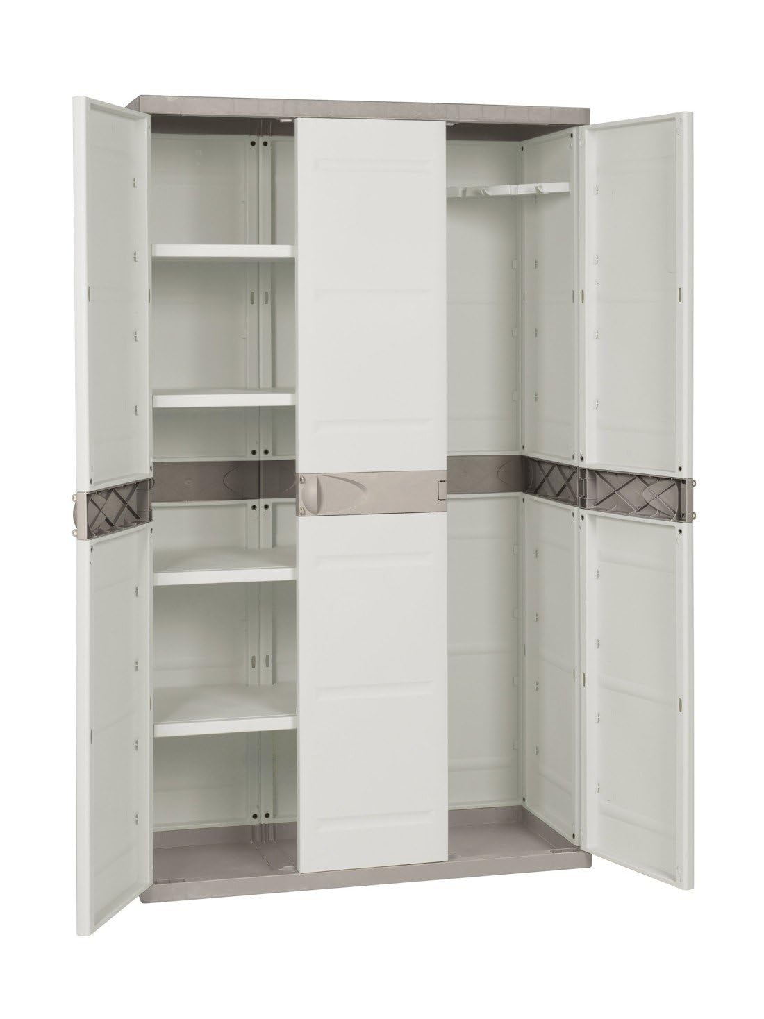 Jardin202 - Armario de 4 estantes de Resina | 3 Puertas | con Escobero | Titanium Beige | 105x44x176 cm | Beige