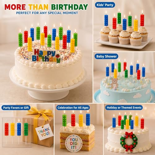 Image of BBTO 8 Pcs Building Block Candles Brick Birthday Cake Candles Topper Sparkler Novelty Decor Building Block Construction Party Themed Decoration Favor for Birthday Baby Shower Summer Party Supplies