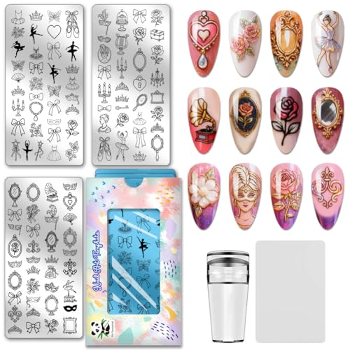 PH PandaHall 104 Patterns Ballet Theme Nail Stamping Plates 3pcs Bows Mirror Nail Design Stencil Crown Rose Nails Image Plates Candlestick Nails Art Stencils for Women DIY Party Manicures Salon Print