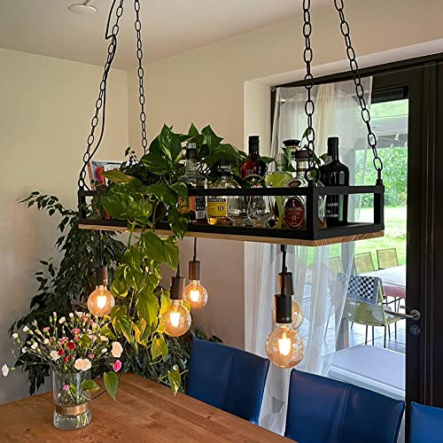 Qazqa Esstisch Industrie Pendelleuchte, Pendellampe - Shelf - Schwarz, Rechteckig, Holz, 5-flammig, 100cm, Ideal als Esszimmerlampe und Wohnzimmerlampe