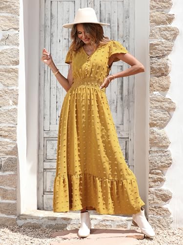 Image of PRETTYGARDEN Womens Dresses 2026 Summer Maxi Dress Boho Short Sleeve V Neck Swiss Dot Ruffle Tiered Smocked Flowy Long Dress