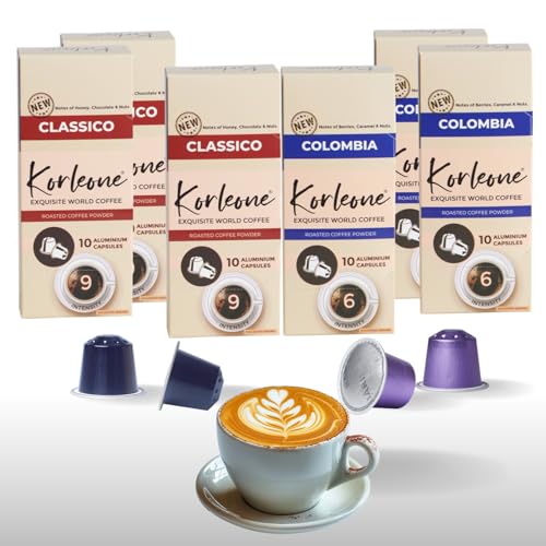 Image of KORLEONE Colombia & Classico Aluminium Nespresso Compatible Coffee Pods 60 Capsules (Pack of 6) Intensity 6 /9 Medium to Dark Roast Level,1.2 Kg