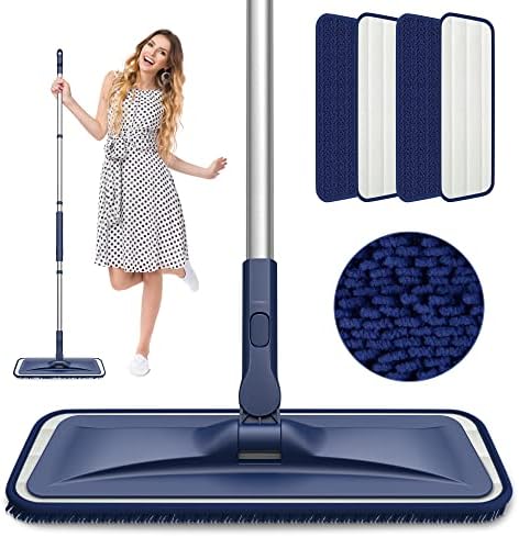 Microfiber Mops for Floor Cleaning - BPAWA Flat Floor Mop Wet Dry Dust Mop for Hardwood Floors Laminate Wood Tile Vinyl Wall Hard Surface, Bathroom Kitchen Mop with 4 Reusable Washable Chenille Pads