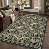 Arenarug Vintage Floral Area Rug 5x7, Botanical Bird Washable Living Room Rug, Non Slip Stain Resistant Low Pile Soft Carpet for Bedroom Dining Room Under Table Home Office, Dark Green