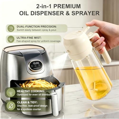Pure Future 2-in-1 Olive Oil Sprayer for Cooking - 16oz/470ml Glass Oil Dispenser Bottle with Portion Control, Refillable Mister for Air Fryer, BBQ, Salad, Grilling, Food-Grade & BPA-Free (White) — view 6