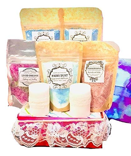Spa Gift Basket, Spa Basket with Lavender Fragrance, Bath Potions - Bath and Body Gift Set, 8pcs, Includes Mermaid Dust, Bath Bomb, Bath Fizzies, Bath Salt, Moon Dust, Fairy Dust, Candles