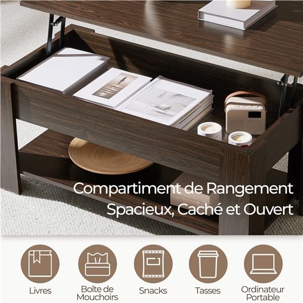 Open storage compartment of the coffee table with various items like books, cups, and snacks