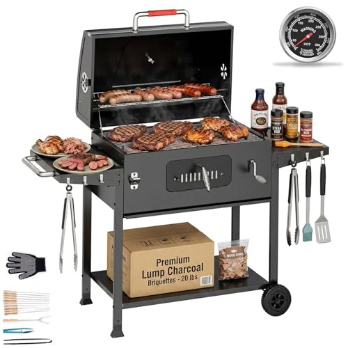 JUMMICO Barbecue Charbon de Bois Portable avec Cheminée - Chauffage Rapide, Planches Latérales Rabattables, Thermomètre - Set Complet pour Famille, Camping,...