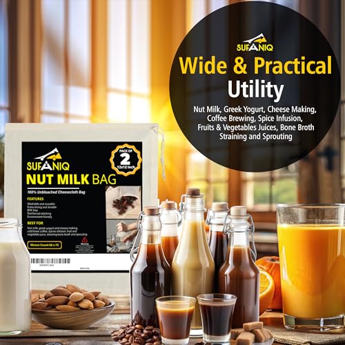 Image of SUFANIQ Nut Milk Bag - 2 Bags (12 x 12 Inch) 100% Unbleached Cotton Cheese Cloth Bag for Straining, Premium Nut Milk Bag Reusable, Nut Bag Strainer for Almond, Soy, Oat Milk, Juices, Cheese Making