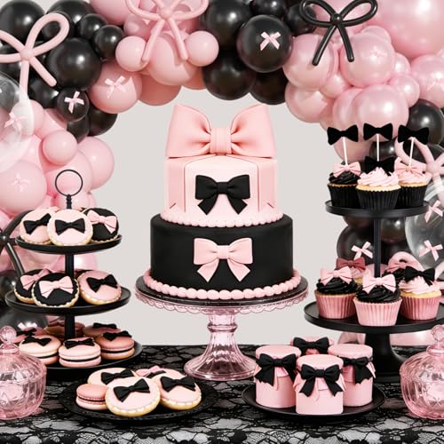 Image of Pearl Pink and Black Balloons Arch Kit, 199Pcs Pink and Black Bow Birthday Decorations with 260 Bubble Pearl Pink Balloons Ribbon for Coquette Bow Theme Birthday Baby Bridal Shower Bachelor Wedding
