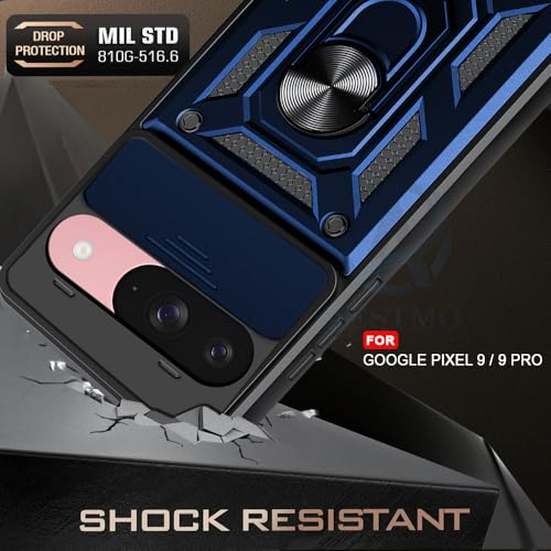 Image of AESTMO Tough Armor Google Pixel 9 /9 Pro Bumper Back Case Cover | Ring Holder & Sliding Camera Shield Cover | 360 Degree Protection Back Case Cover for Google Pixel 9 /9 Pro (Blue)