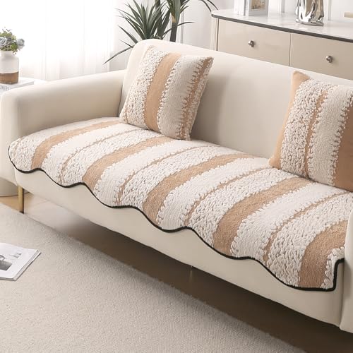 Image of HOKIPO Luxury Wavy Anti Slip Plush Sofa Cover Mat | Make Your Own Sofa Cover Set, Mat Length 90(D) x 60(L) cm, Desert Brown (AR-5980-BR)