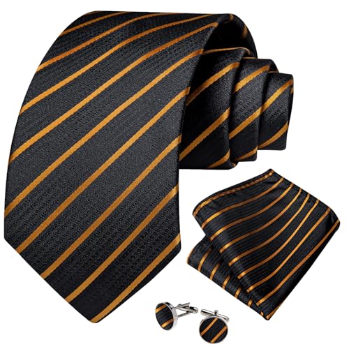 Image of DiBanGu Striped Tie Set for Men Silk Woven Plaid Necktie and Pocket Square Cufflinks Business Wedding